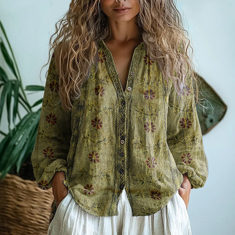 Women's Leaf Print Vintage Shirt, Button-Up - view 3