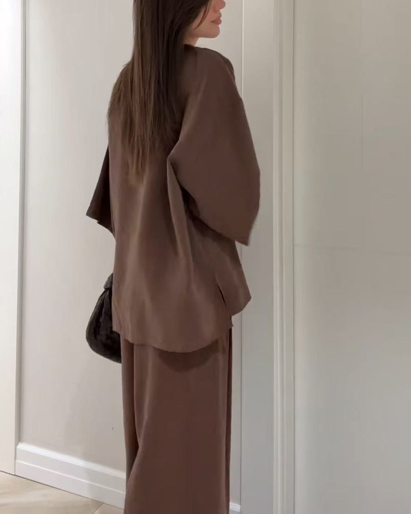 Women's V Neck Shirt and Wide Leg Trouser Set, Casual Two Piece
