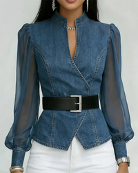 Belvion | Denim top with chiffon sleeves