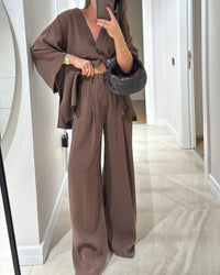 Women's V Neck Shirt and Wide Leg Trouser Set, Casual Two Piece