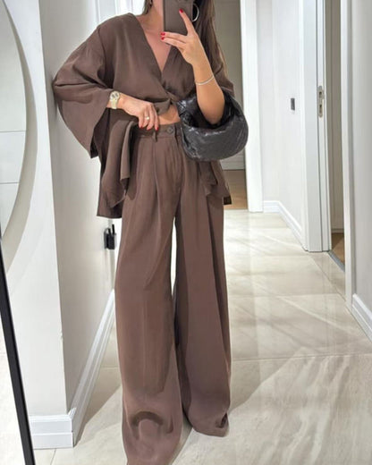 Women's V Neck Shirt and Wide Leg Trouser Set, Casual Two Piece