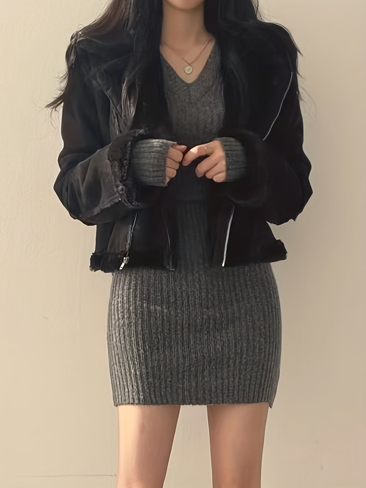 Women's Ribbed V-Neck Dress, Knitted - view 6