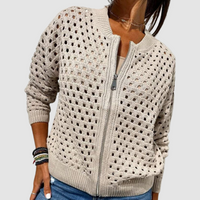 Women's Hollow Knit Zip Front Cardigan, Long Sleeve