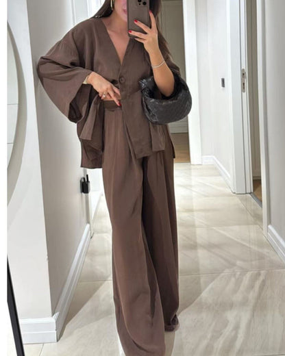 Women's V Neck Shirt and Wide Leg Trouser Set, Casual Two Piece