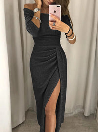 Serayna | Shimmer Maxi Dress with Thigh Slit and Pleated Bodice