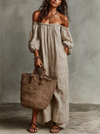 Calienne | Off-shoulder cotton linen maxi dress with long sleeves