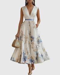 Belisane | Maxi Dress Floral Pleated V-Neck Long Sleeve
