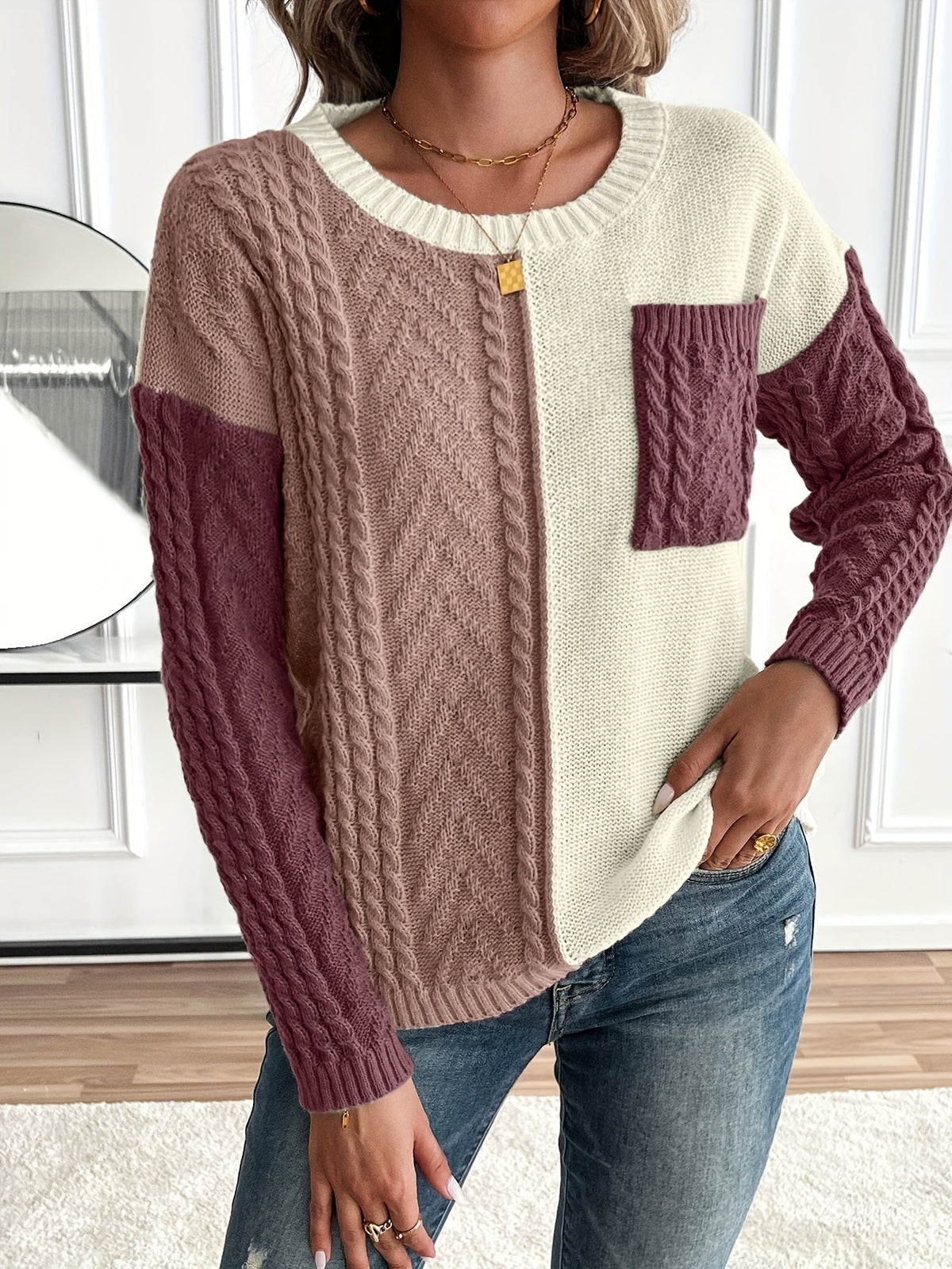 Women's Cable Two-Tone Jumper, Knitted Sweater - view 9