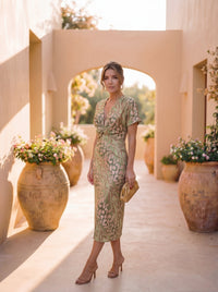 Women's Wrap Midi Dress with Bow Waist, Long Sleeve Copper Tone Dress