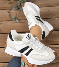 Women's White Retro Trainers, Lace-Up Striped Sneakers