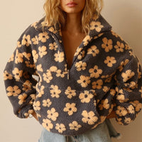 Women's Floral Teddy Fleece Jacket, Half Zip Oversized Pullover