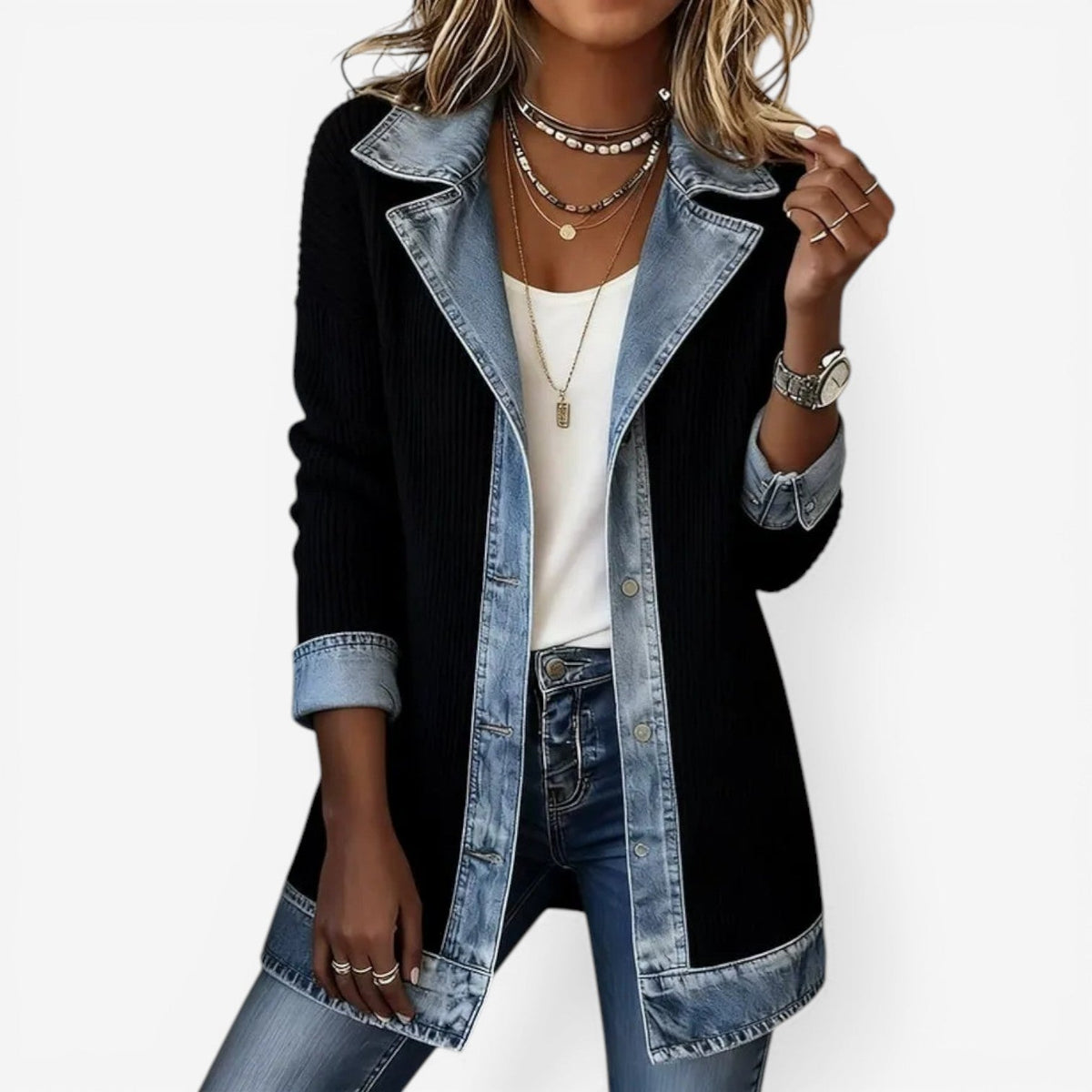 Women's Layered Collar Button Jacket, Zip-Up - view 2