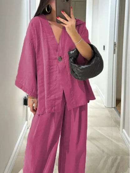 Women's V Neck Shirt and Wide Leg Trouser Set, Casual Two Piece