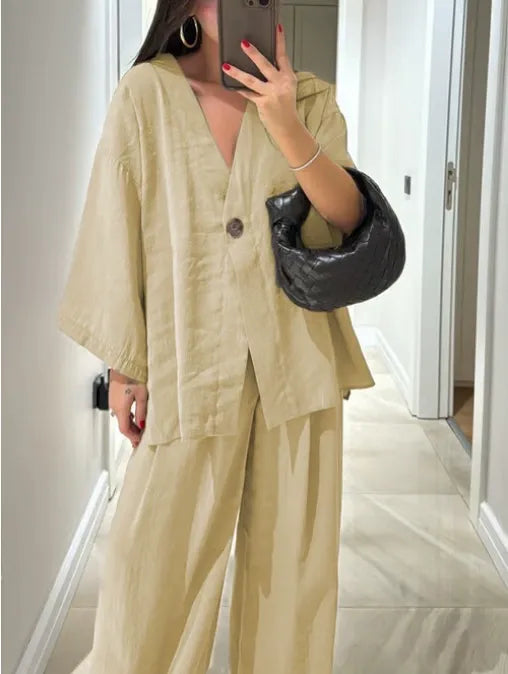 Women's V Neck Shirt and Wide Leg Trouser Set, Casual Two Piece