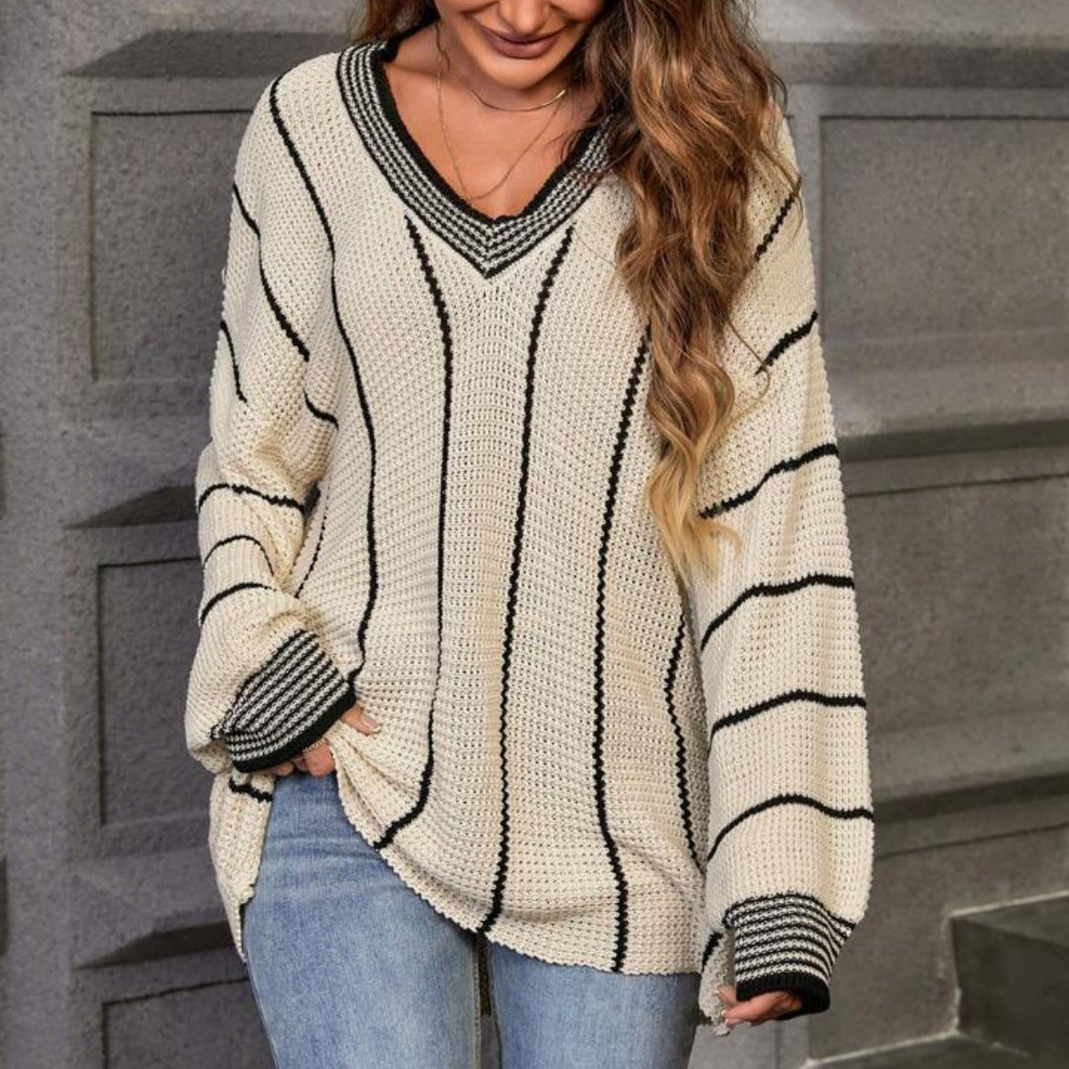 Women's Oversized Striped Jumper, Knitted Sweater - view 8