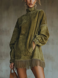 Women's Faux Suede Fringe Mini Dress, Boho Turtleneck with Wide Sleeves