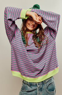 Women's Oversized Striped Sweatshirt with Contrast Trim, Drop Shoulder
