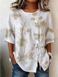 Women's Floral V Neck Blouse, Button Front Long Sleeve Top
