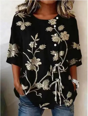 Women's Floral V Neck Blouse, Button Front Long Sleeve Top