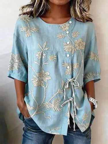 Women's Floral V Neck Blouse, Button Front Long Sleeve Top