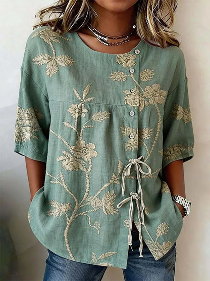 Women's Floral V Neck Blouse, Button Front Long Sleeve Top