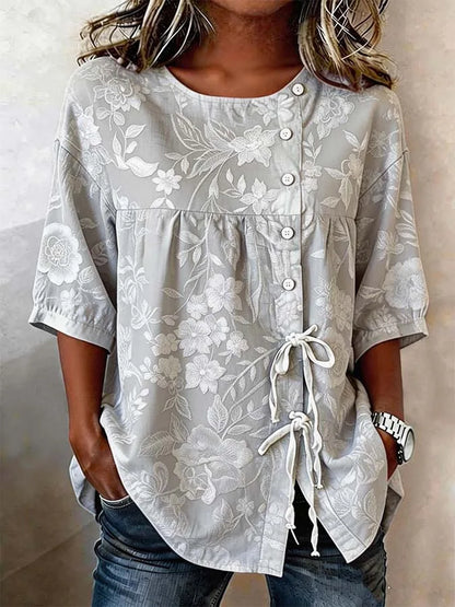 Women's Floral V Neck Blouse, Button Front Long Sleeve Top