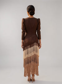 Sofiella | Fringe Midi Dress V-Neck Draped Waist Elegant
