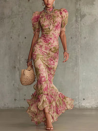 Flora | Vintage rose print chiffon puff sleeve maxi dress