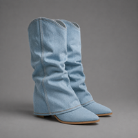 Women's Denim Knee High Boots, Ruched Pointed Toe Block Heel Boots