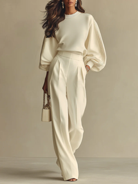 Women's Ribbed Knit Top and Wide Leg Trouser Set, High Waist Co Ord