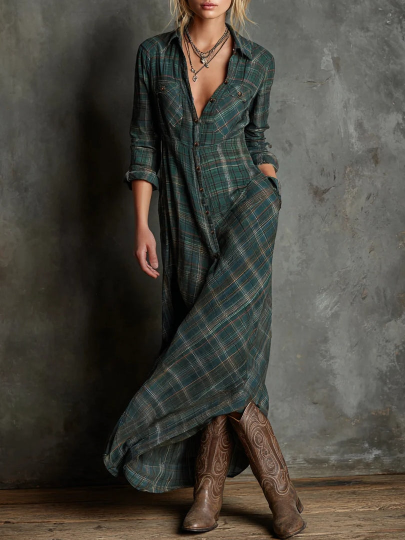 Prindel green boho plaid lapel shirt maxi dress