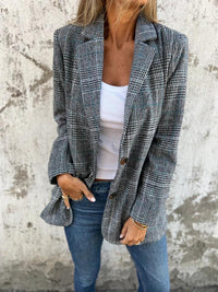Women's Plaid Blazer Jacket with Lapel Collar, Button Front Check Blazer