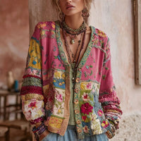 Women's Floral Patchwork Cardigan, Boho Embroidered Knit Cardigan