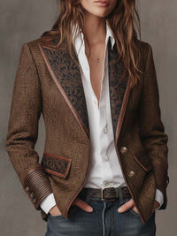 Women's Herringbone Blazer with Paisley Lapels, Western Style Jacket