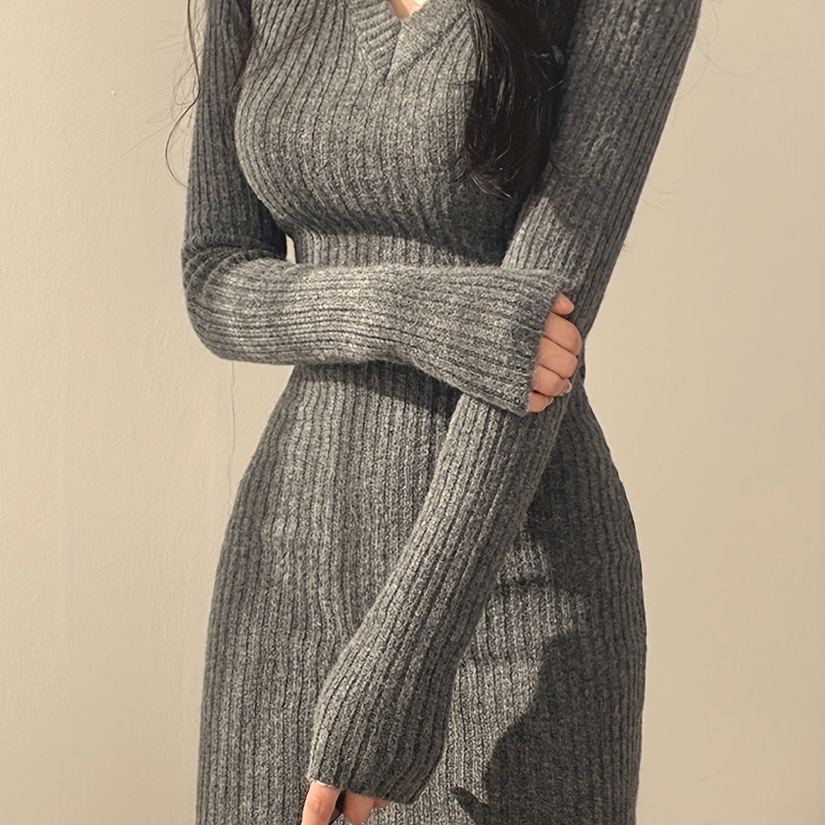 Women's Ribbed V-Neck Dress, Knitted