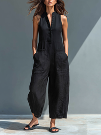 Nelvara | Linen blend stand collar sleeveless jumpsuit