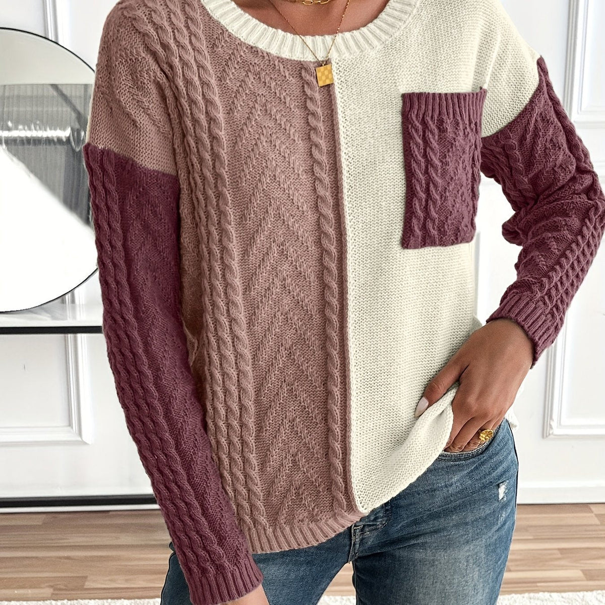 Women's Cable Two-Tone Jumper, Knitted Sweater - view 2