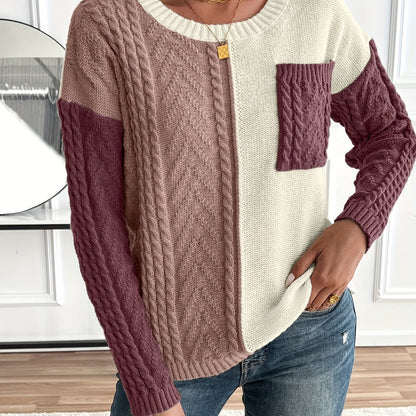 Women's Cable Two-Tone Jumper, Knitted Sweater - view 2