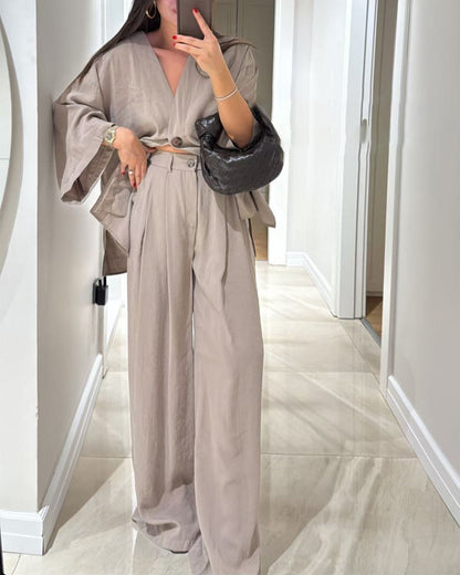 Women's V Neck Shirt and Wide Leg Trouser Set, Casual Two Piece