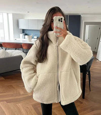 Women's Oversized Teddy Jacket with High Neck, Faux Shearling