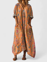Women's Printed V Neck Maxi Dress with Patch Pockets, Loose Fit