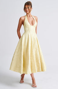 Women's Floral Jacquard Midi Dress, Halter Neck with Full Skirt