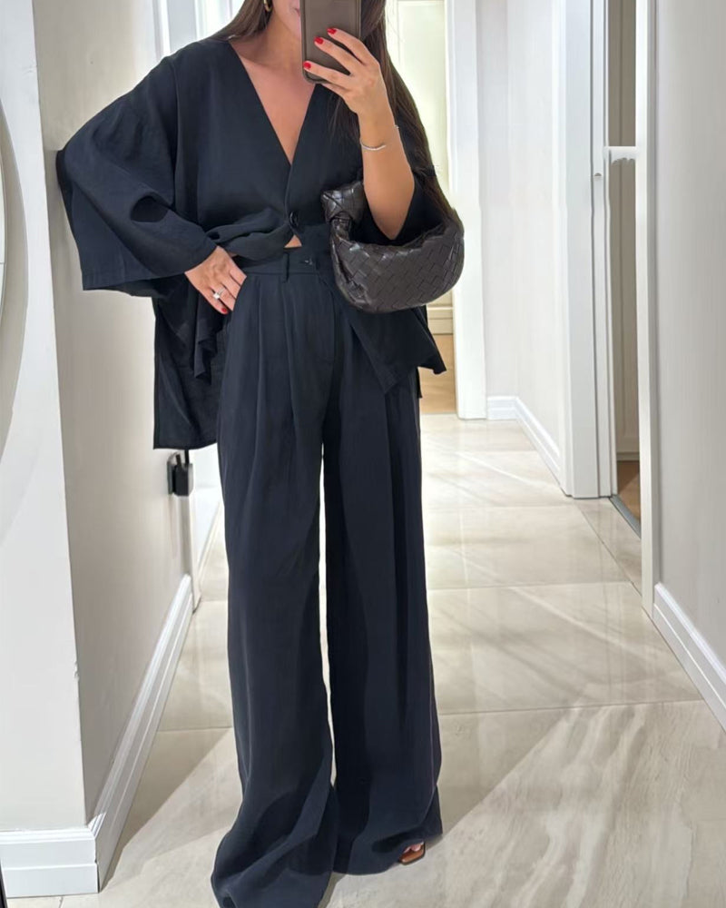 Women's V Neck Shirt and Wide Leg Trouser Set, Casual Two Piece