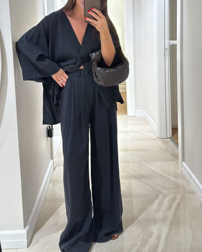 Women's V Neck Shirt and Wide Leg Trouser Set, Casual Two Piece