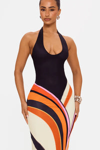 Women's Halter Neck Colour Block Maxi Dress with Asymmetric Skirt