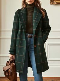 Women's Plaid Wool Blend Coat with Lapel Collar, Tailored Check Coat