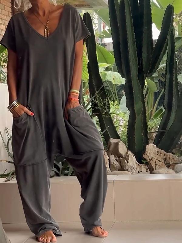 Triana | Casual V‑Neck Plain Jumpsuit