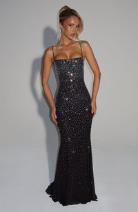 Women's Rhinestone Maxi Dress, Embellished Mesh with Lace-Up Back