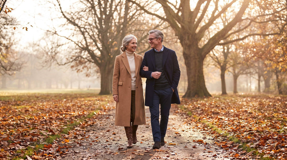Couple walking through an autumn park wearing Meilins winter coats and knitwear