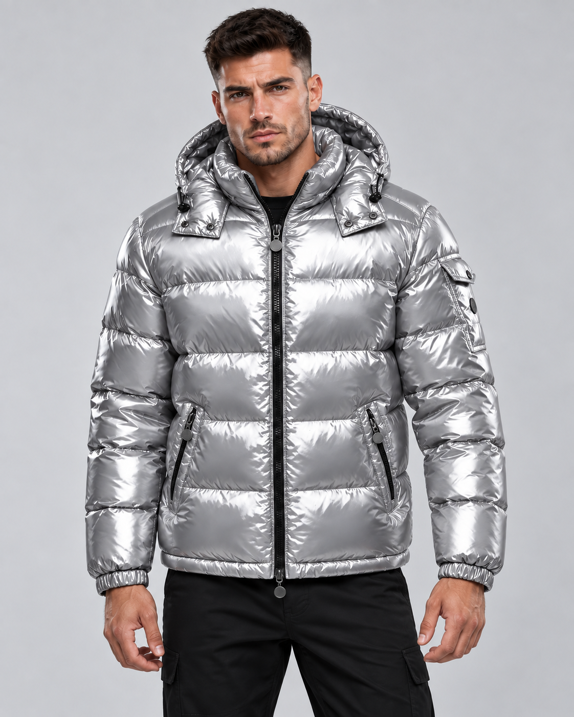 Men's Quilted Puffer Jacket with Zip-Up and Hooded - view 6